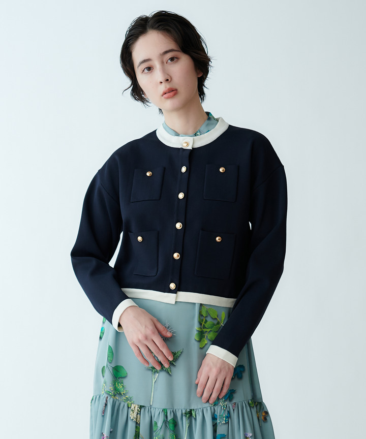 ジャケットライク配色ニットカーディガン