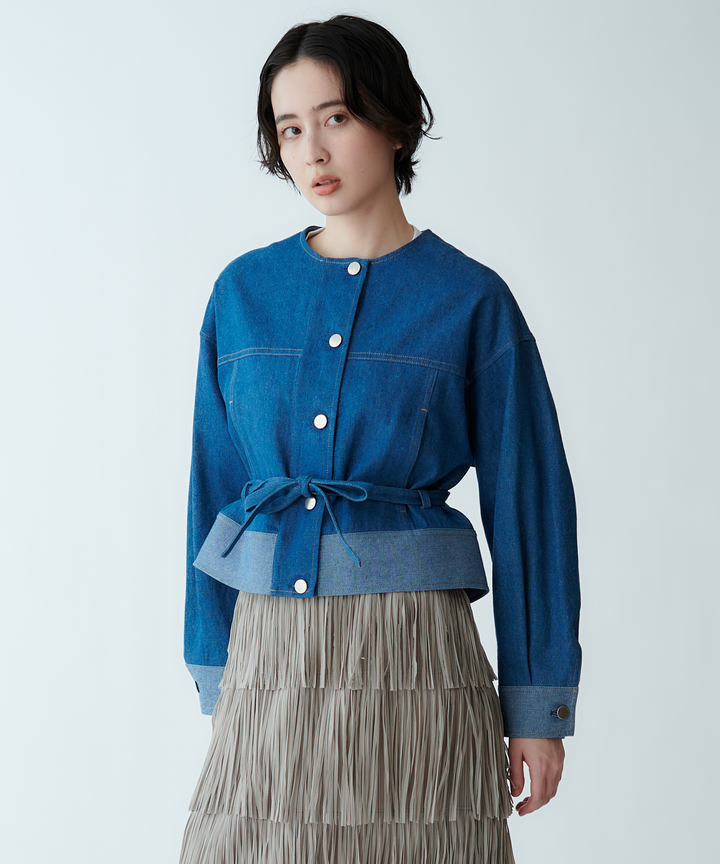 ノーカラーデニムジャケット