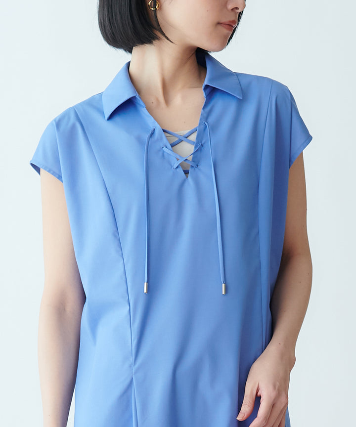 Vネックレースアップワンピース