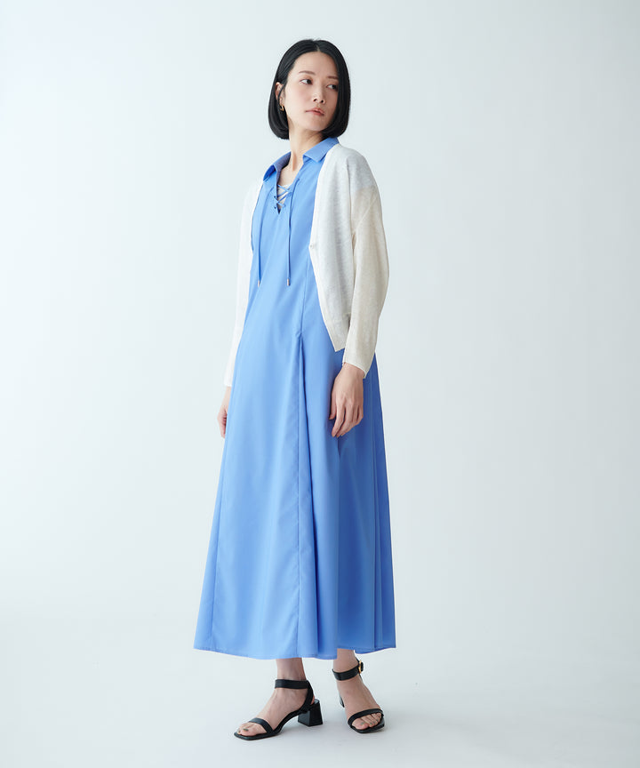 Vネックレースアップワンピース