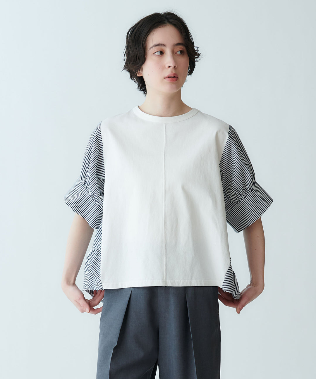 モデル H：165cm / 38 /ホワイト×ネイビーストライプ