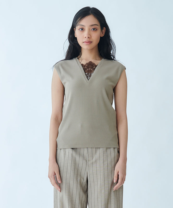 Mixed Material V-Neck Pullover