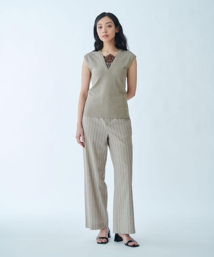 Mixed Material V-Neck Pullover