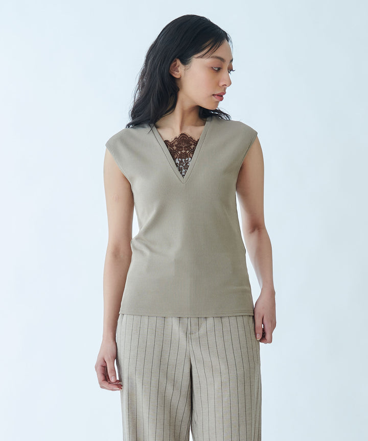 Mixed Material V-Neck Pullover