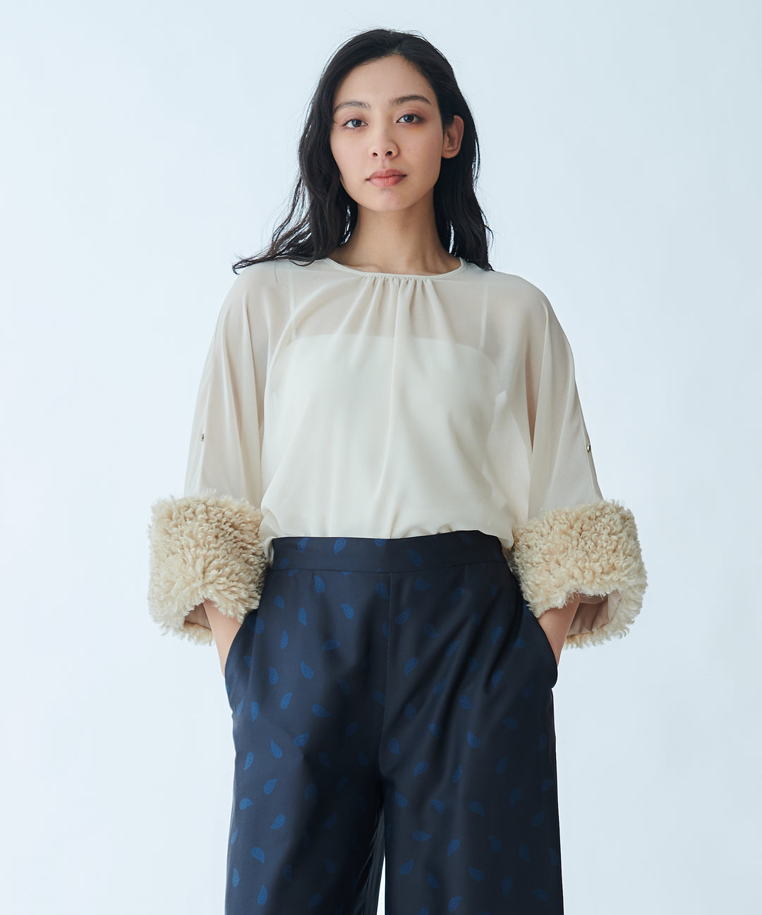 Sheer Blouse with Faux Fur Cuffs