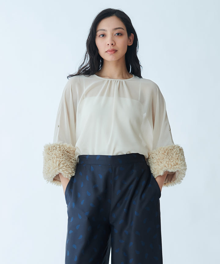 Sheer Blouse with Faux Fur Cuffs