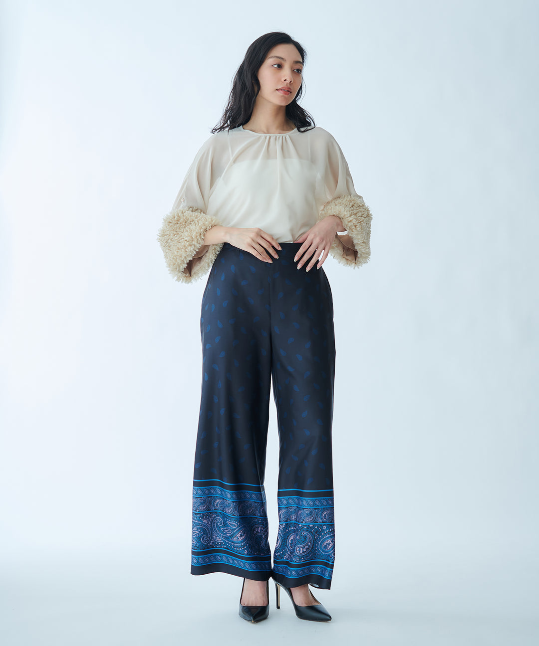 Sheer Blouse with Faux Fur Cuffs