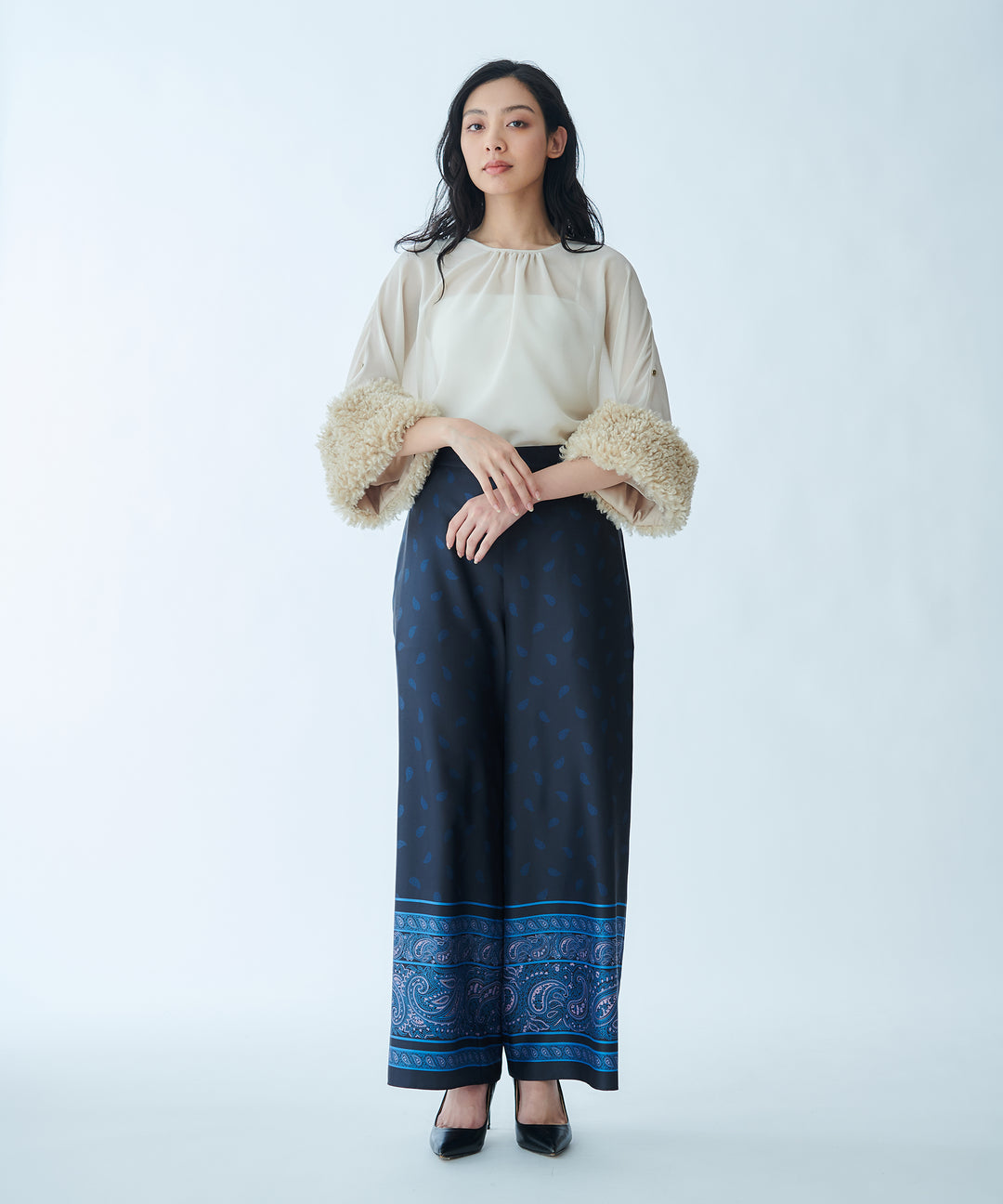 Sheer Blouse with Faux Fur Cuffs