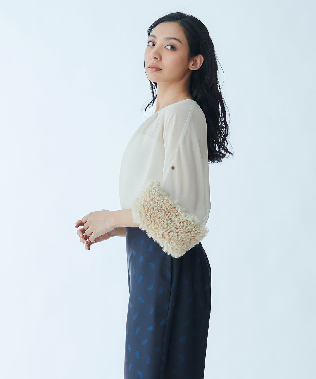Sheer Blouse with Faux Fur Cuffs