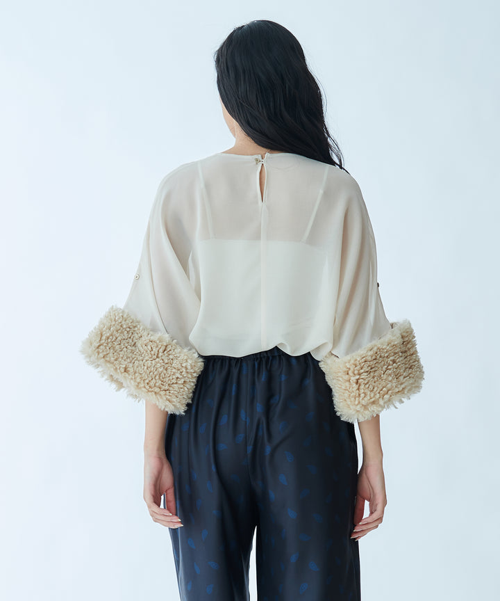 Sheer Blouse with Faux Fur Cuffs
