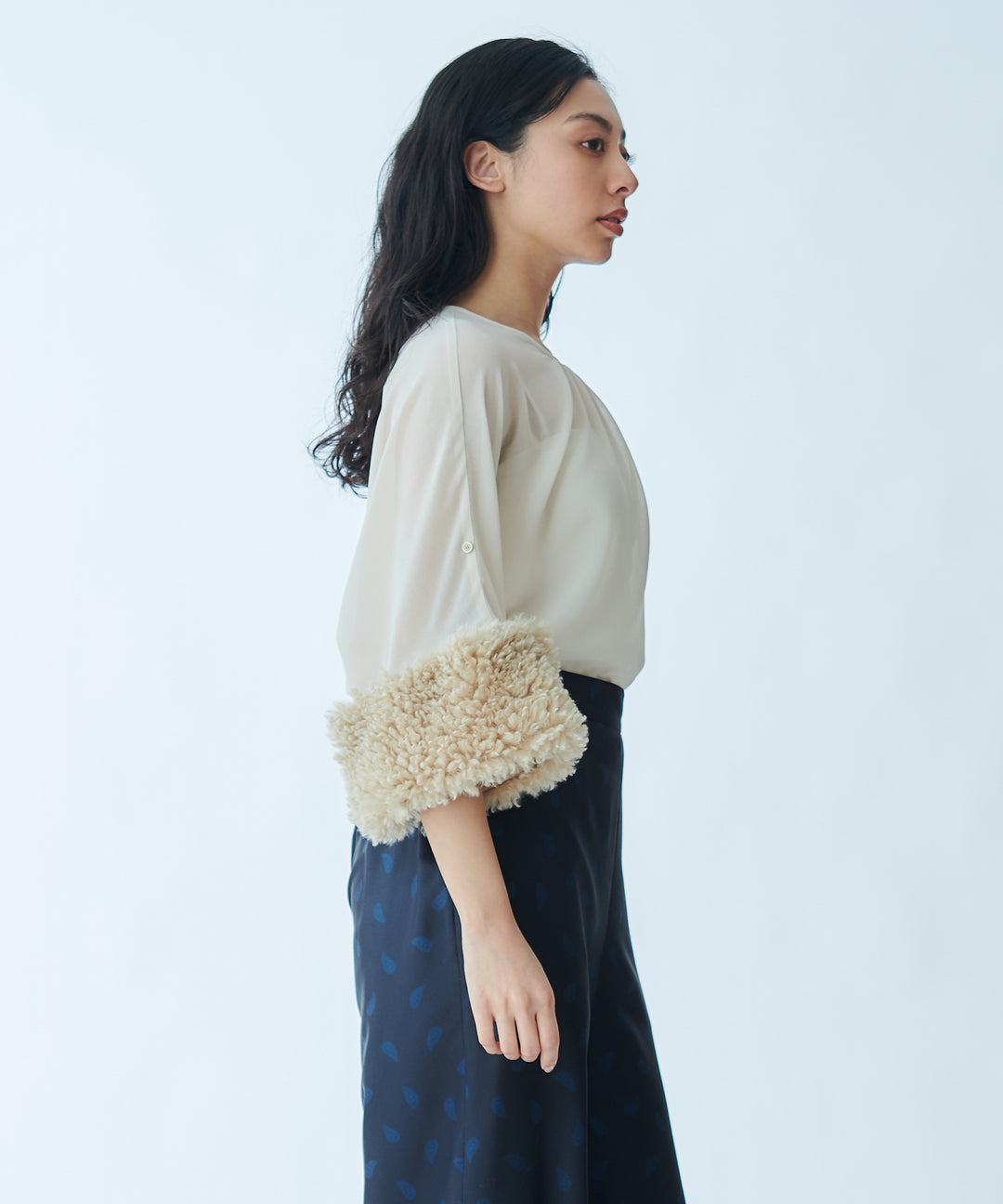 Sheer Blouse with Faux Fur Cuffs