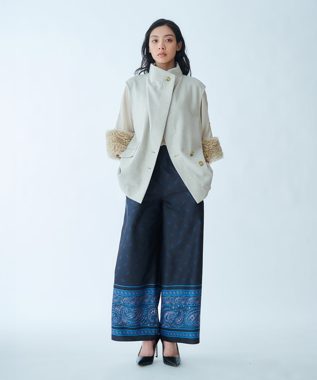 Sheer Blouse with Faux Fur Cuffs