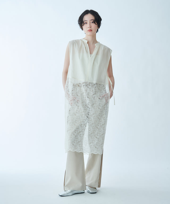Long Geometric Print Blouse with Waist Ribbon