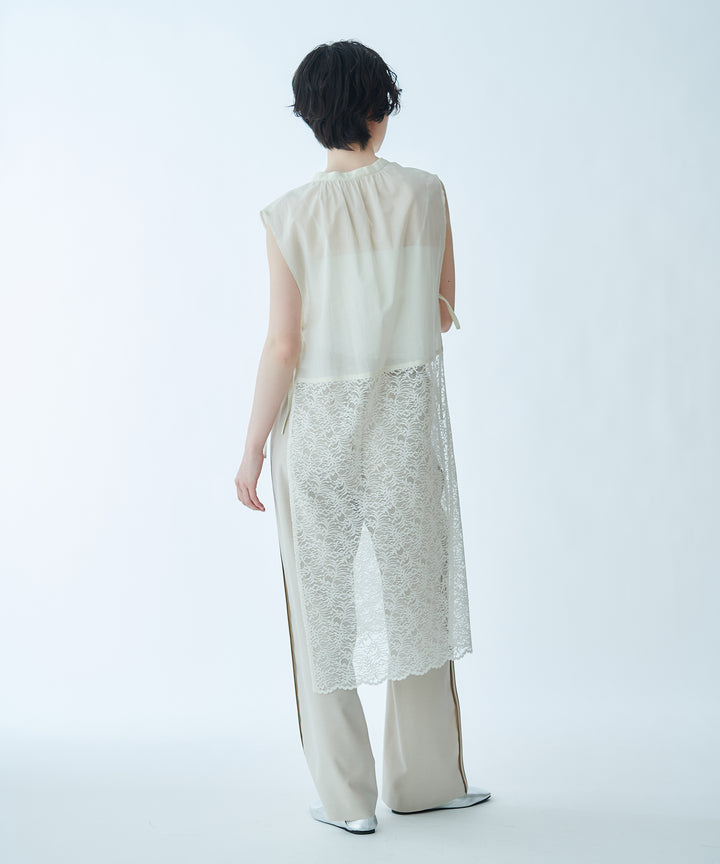 Long Geometric Print Blouse with Waist Ribbon