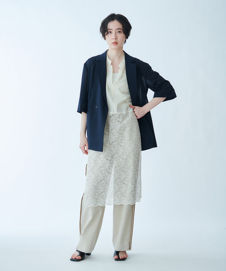 Long Geometric Print Blouse with Waist Ribbon