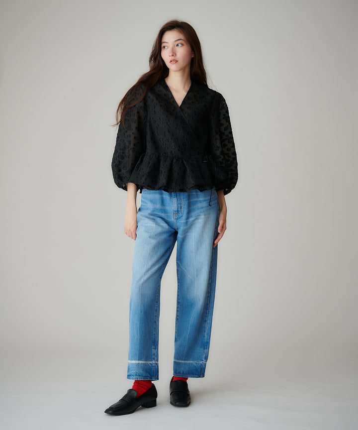 フラワージャカードカシュクールパフスリーブブラウス
