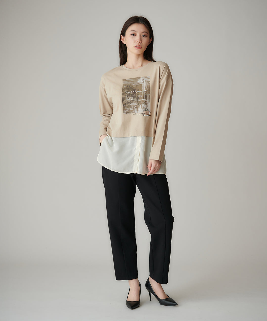 異素材ドッキングフォトプリントTシャツ