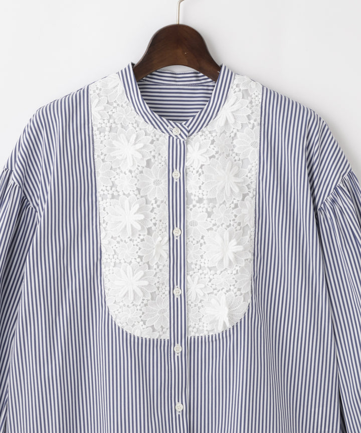 バンドカラーフラワーデザインブラウス