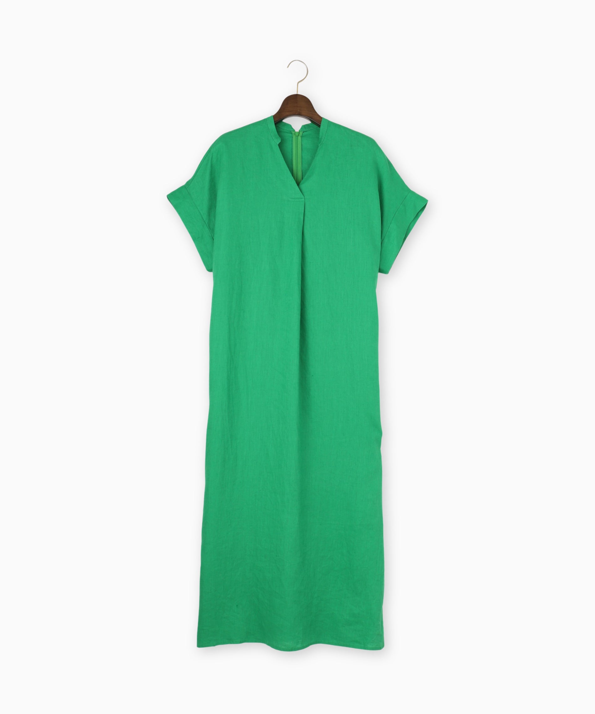 リゼッタ　リネンワンピース　シャツワンピース　プリーツ　ノーカラー　グリーン ほどよく品のある、大人に似合うロングシャツワンピース リネン100