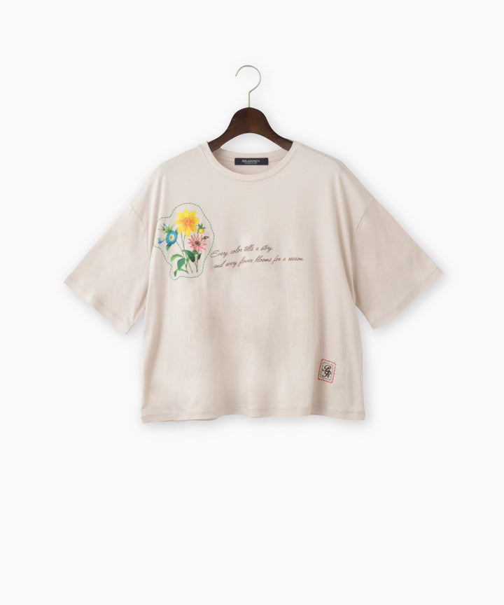 ステッチ刺繍フラワーデザインTシャツ