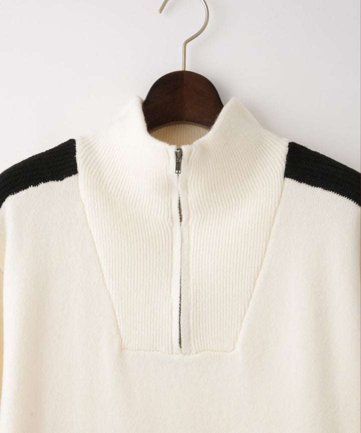 ハーフジップ配色ニットワンピース