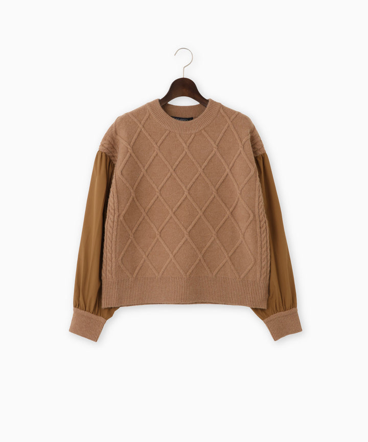 ケーブル×布帛スリーブ異素材ニット