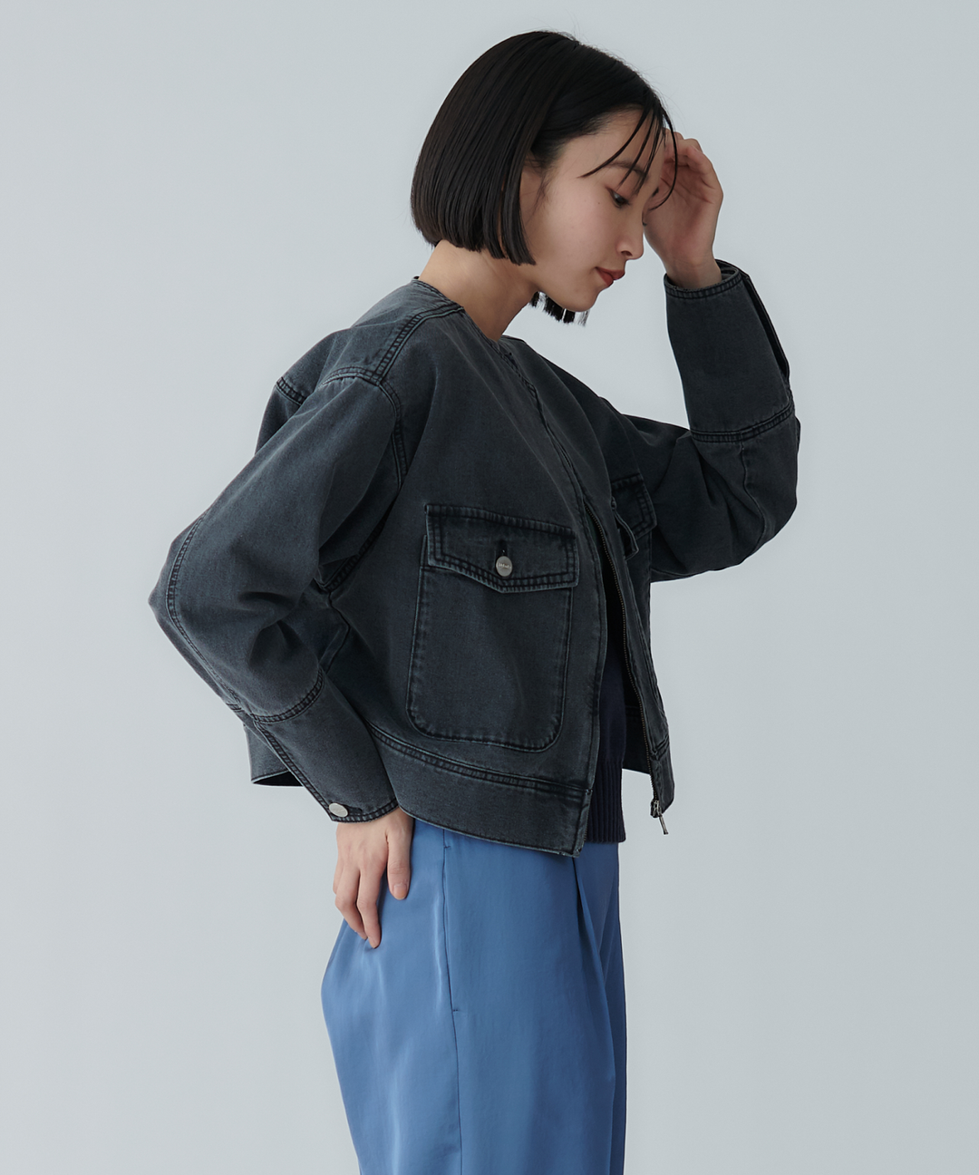ノーカラーデニムジャケット