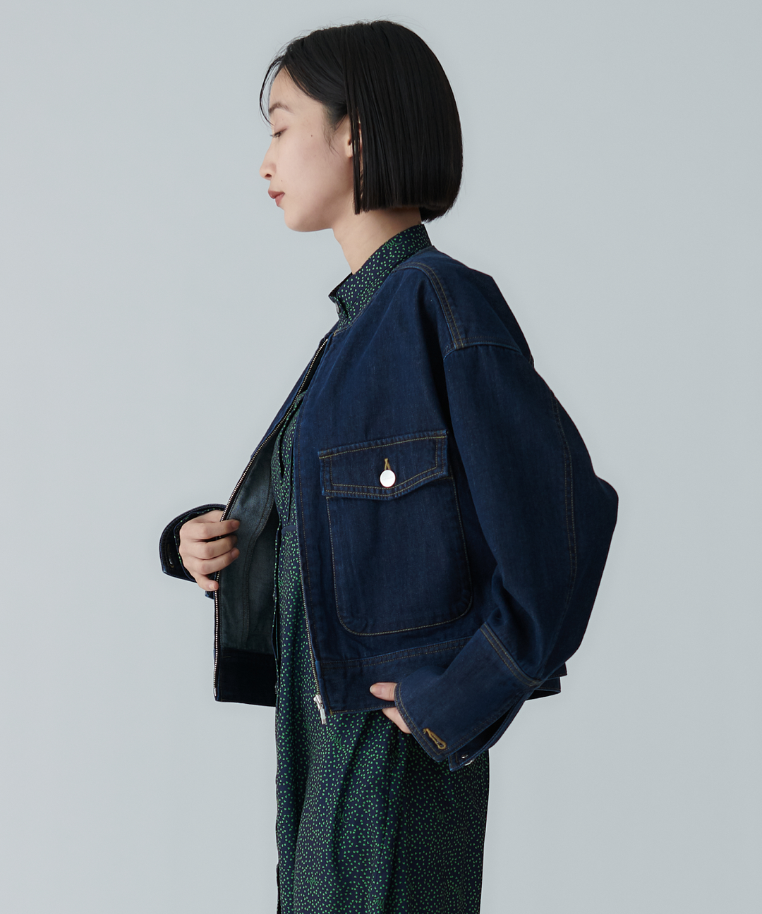 ノーカラーデニムジャケット – FACE SANS FARD ノーカラーデニムジャケット – FACE SANS FARD