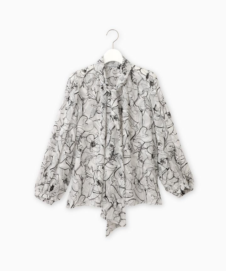 プリントボウタイブラウス