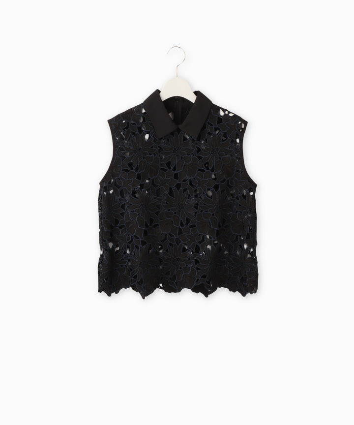 ケミカルレース衿つきノースリーブブラウス