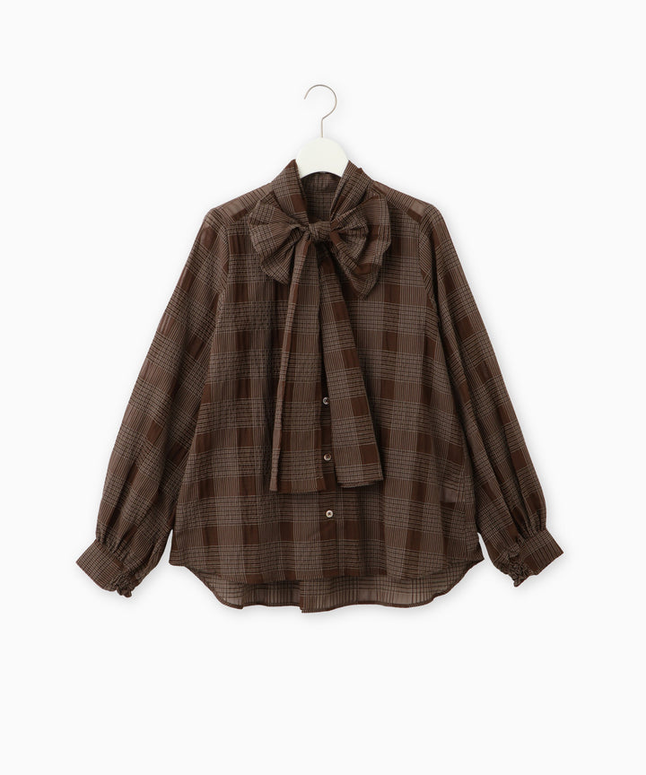 サッカーチェックシアーリボンブラウス