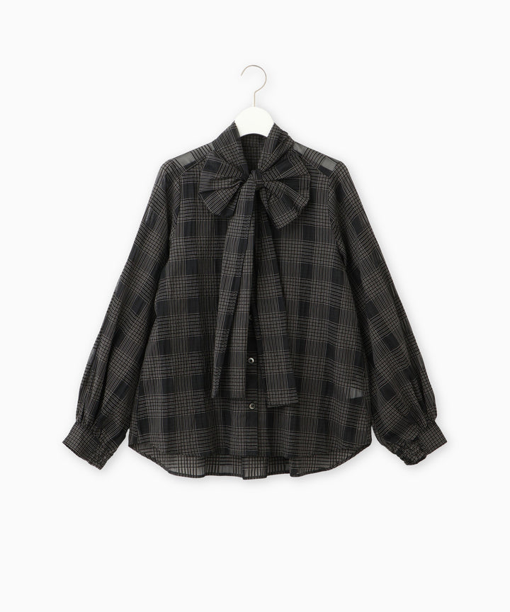 サッカーチェックシアーリボンブラウス