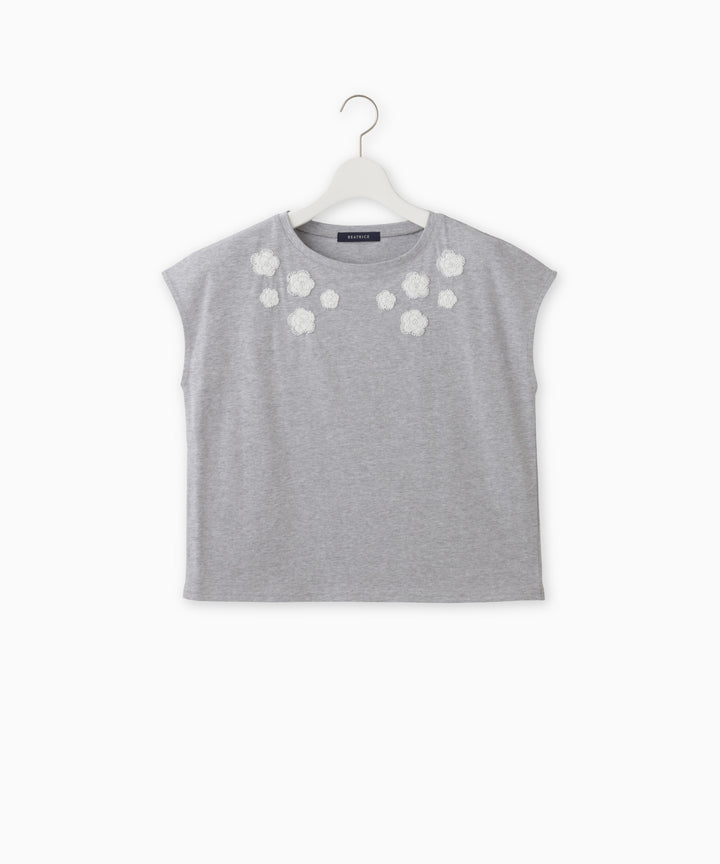 ビーズフラワー刺繍フレンチスリーブTシャツ