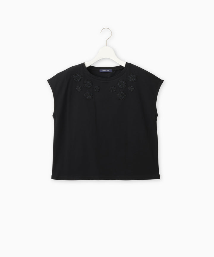 ビーズフラワー刺繍フレンチスリーブTシャツ