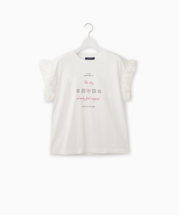 袖フリルメッセージプリント天竺Tシャツ