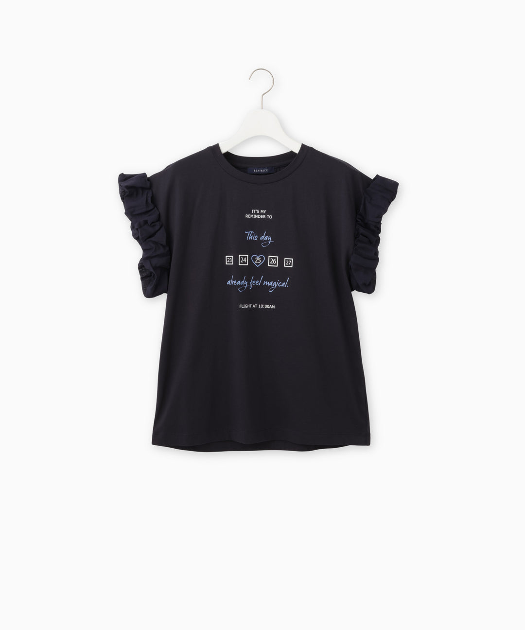 袖フリルメッセージプリント天竺Tシャツ