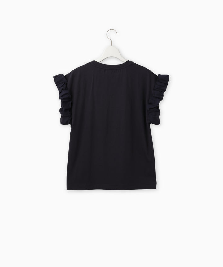 袖フリルメッセージプリント天竺Tシャツ