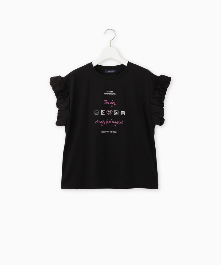 袖フリルメッセージプリント天竺Tシャツ