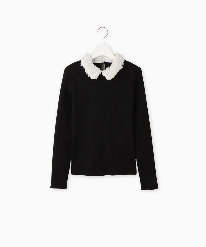 フラワーモチーフ衿付きリブニットプルオーバー