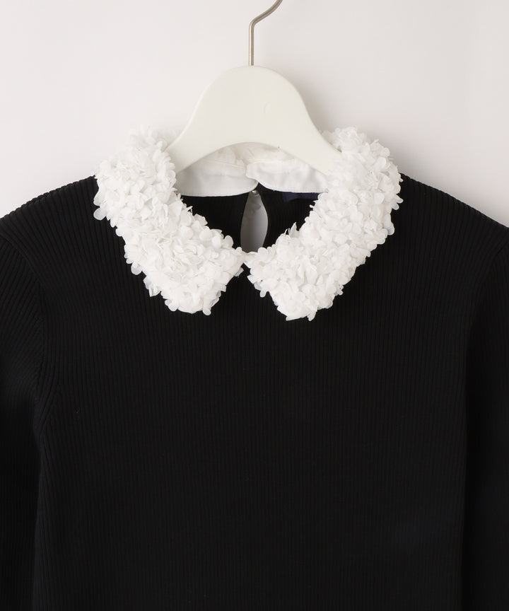 フラワーモチーフ衿付きリブニットプルオーバー