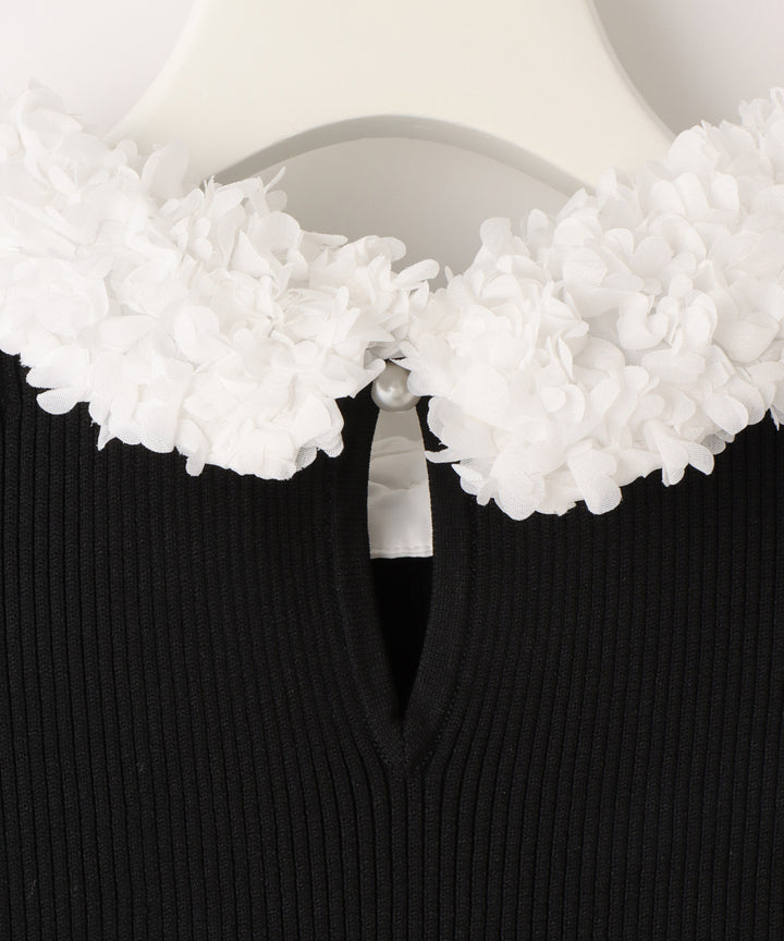 フラワーモチーフ衿付きリブニットプルオーバー