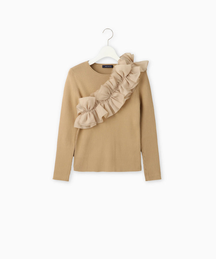 ニット×シフォンオーガンジートップス