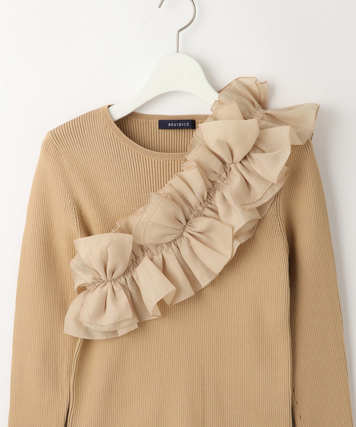 ニット×シフォンオーガンジートップス