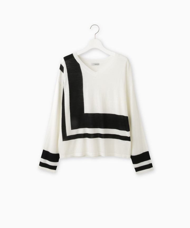 幾何学ラインクルーネックニット