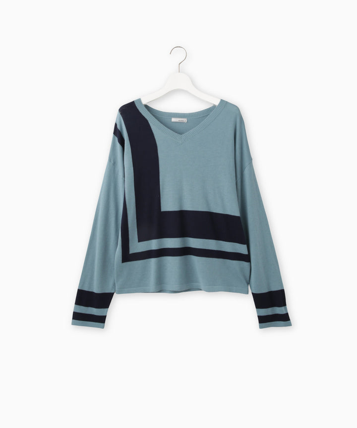 幾何学ラインクルーネックニット