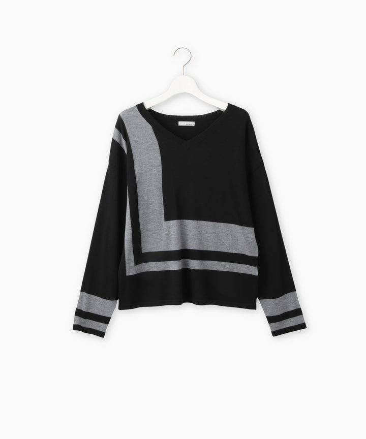 幾何学ラインクルーネックニット