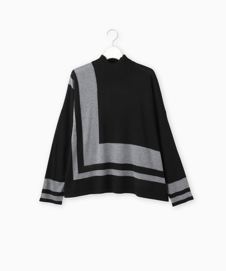 幾何学ラインハイネックニット