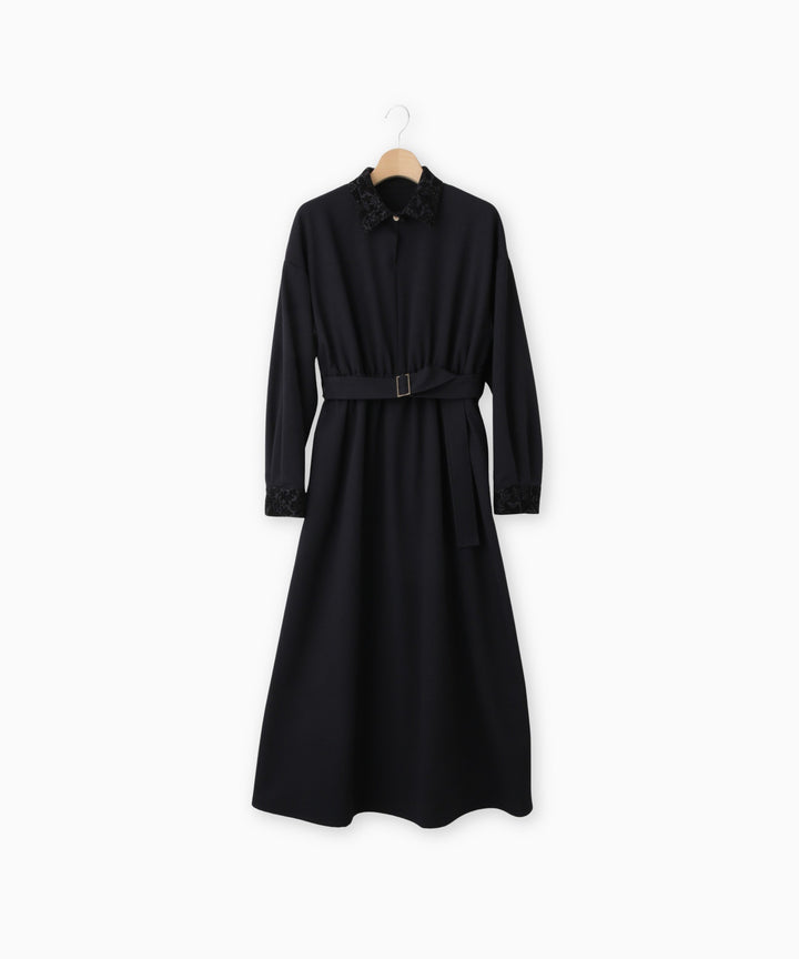 フロッキー襟フィット＆フレアワンピース