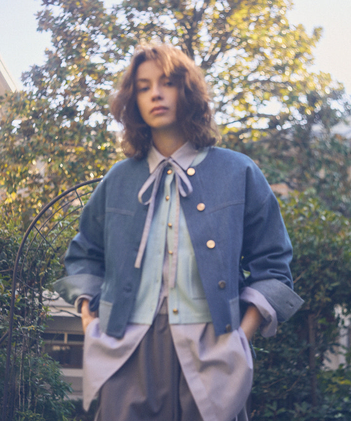 ノーカラーデニムジャケット