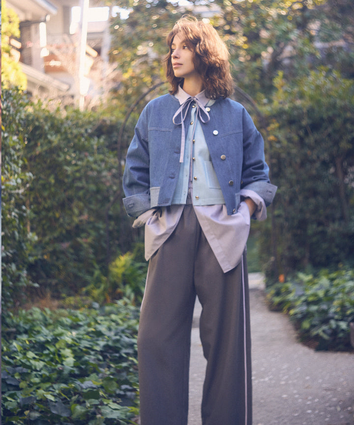 ノーカラーデニムジャケット